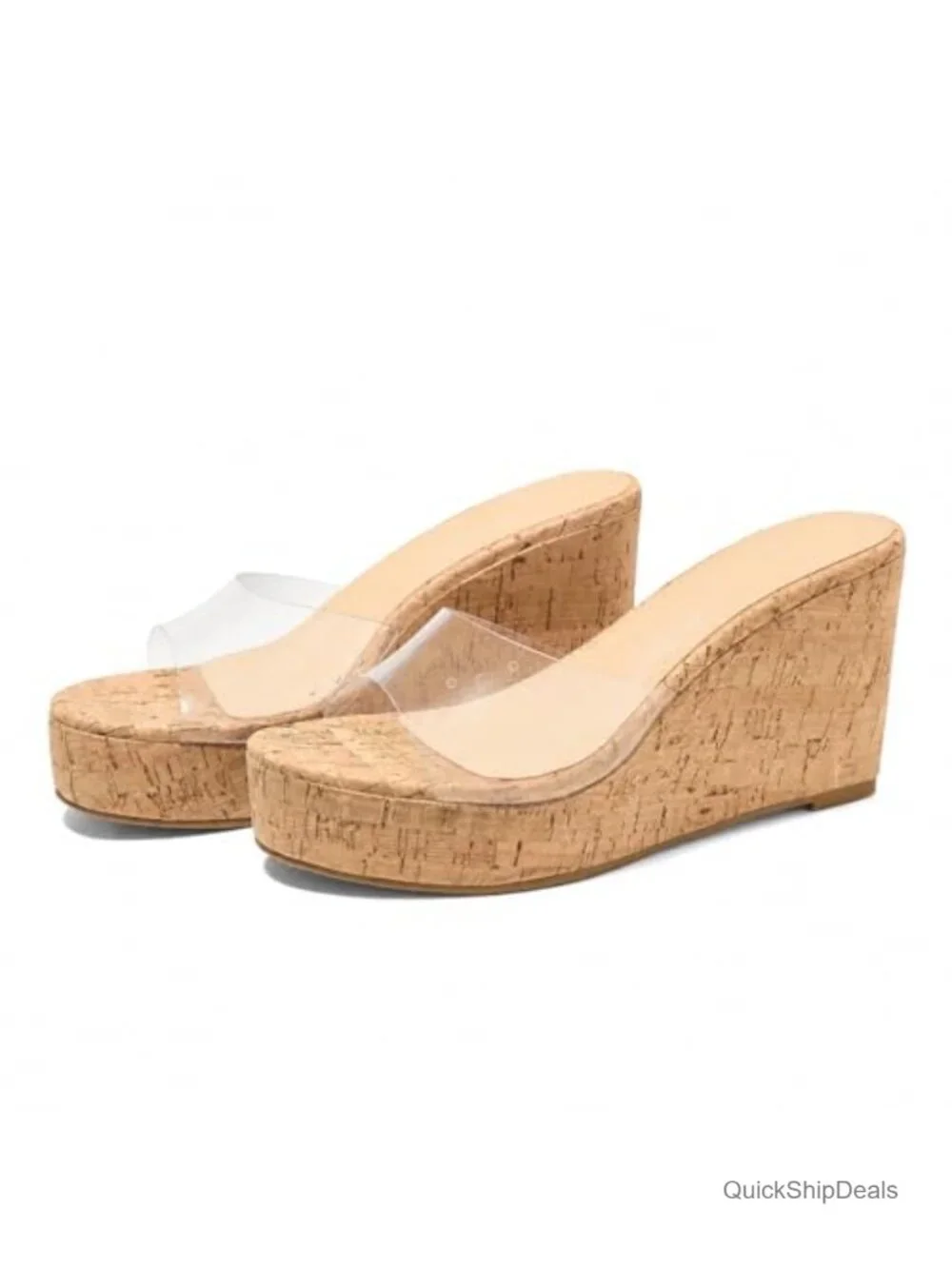 Raffia & Faux Leather Open Toe Wedge Espadrilles Sandals Slip On Platform Heeled